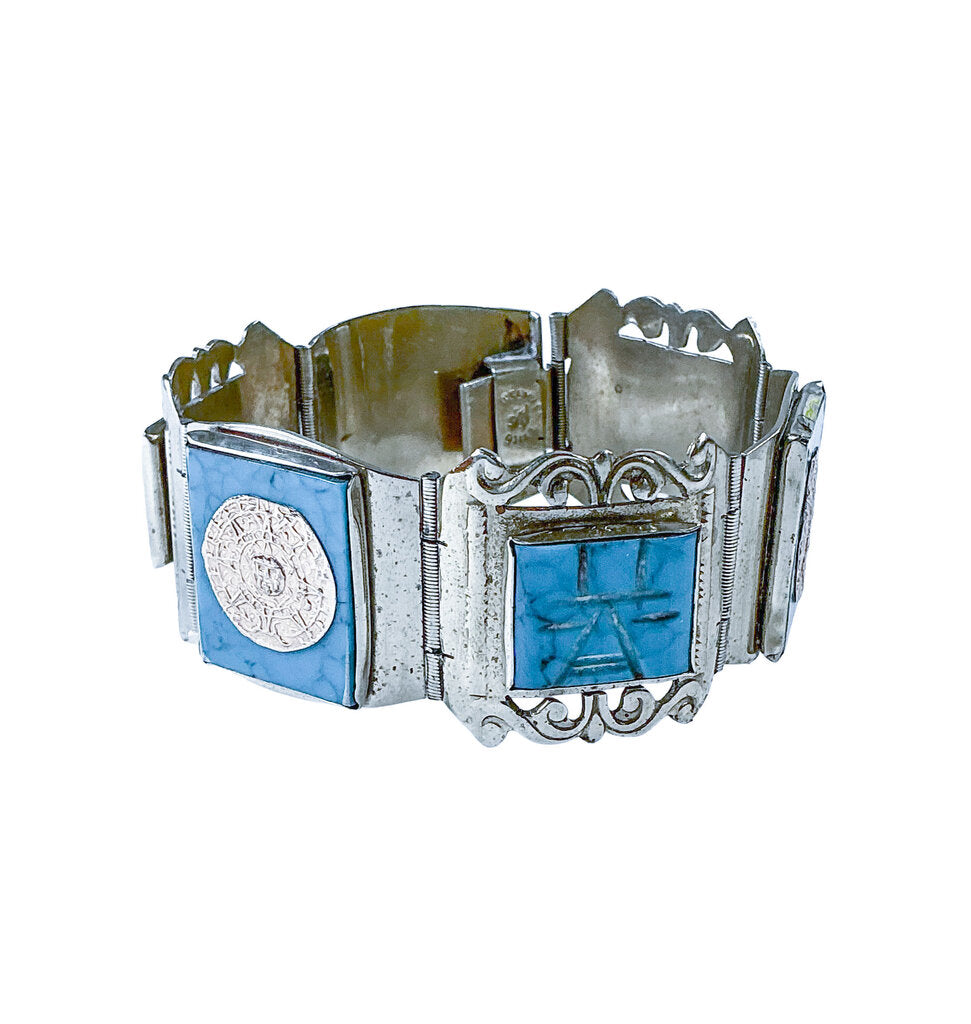 Mexican Sterling Bracelet w/ Turquoise & YG Medallions