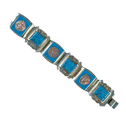 Mexican Sterling Bracelet w/ Turquoise & YG Medallions