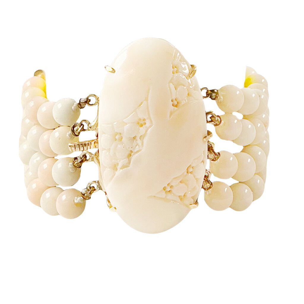 14K YG & 4 Strand Angel Skin Coral Bracelet
