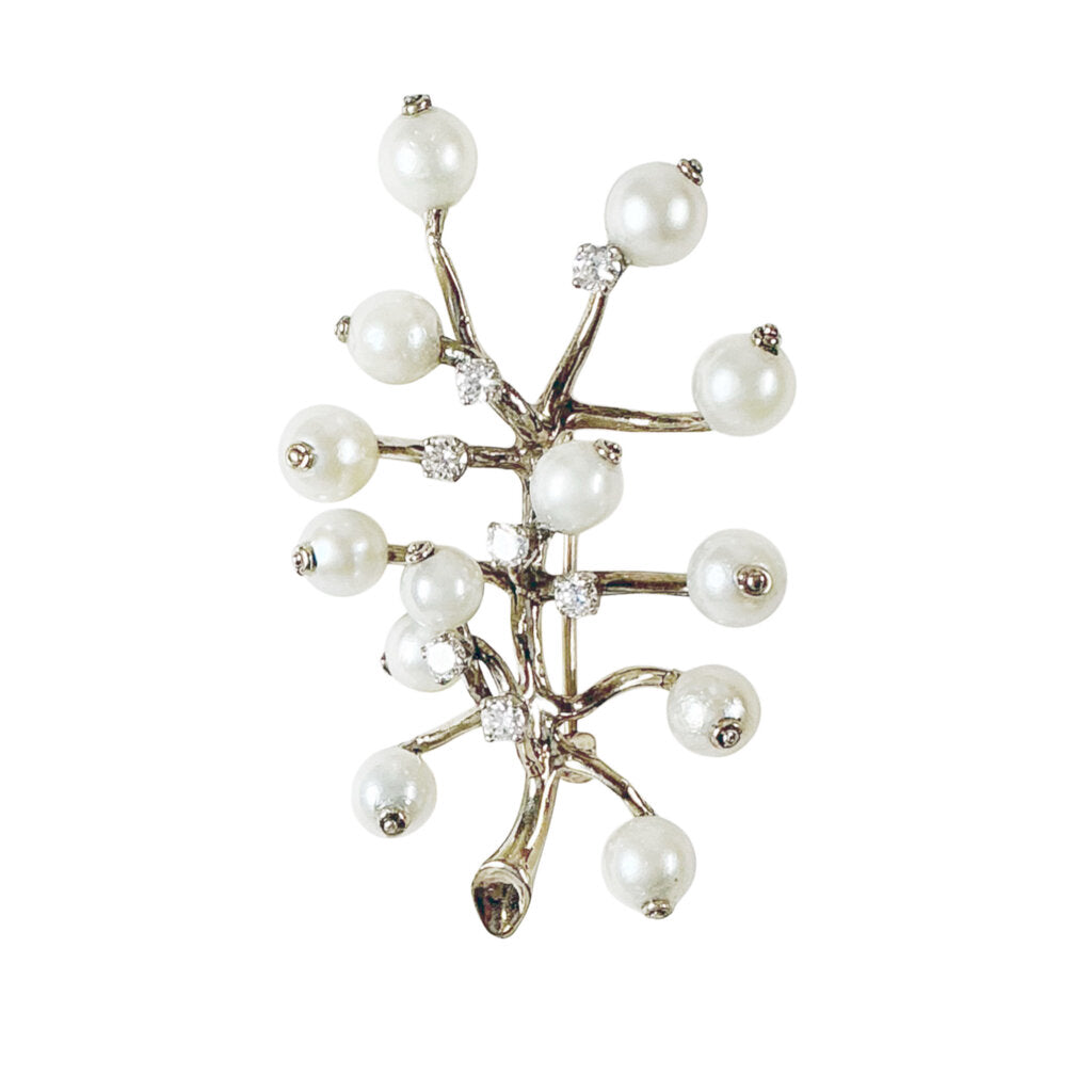 14K (tested) WG Cultured Pearl & Diamond Brooch