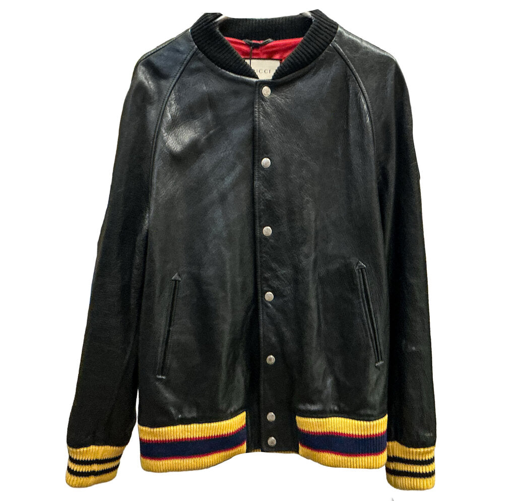 GUCCI Men's Tiger Varsity Jacket Embroidered Leather Black (orig. $6100)