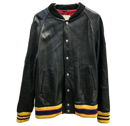 GUCCI Men's Tiger Varsity Jacket Embroidered Leather Black (orig. $6100)