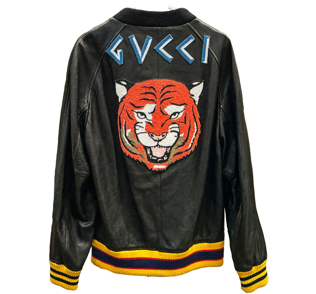 GUCCI Men's Tiger Varsity Jacket Embroidered Leather Black (orig. $6100)