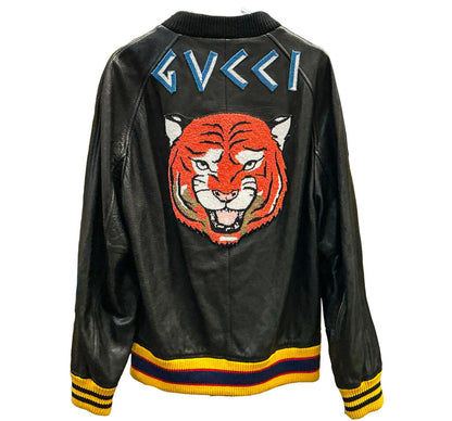 GUCCI Men's Tiger Varsity Jacket Embroidered Leather Black (orig. $6100)