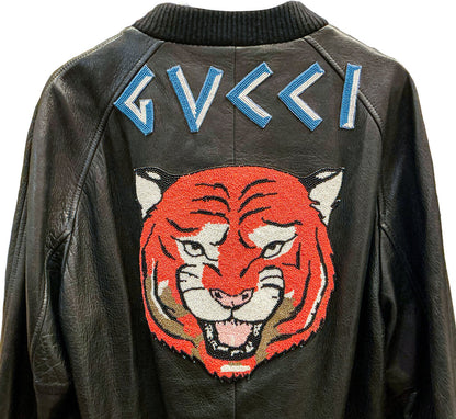 GUCCI Men's Tiger Varsity Jacket Embroidered Leather Black (orig. $6100)