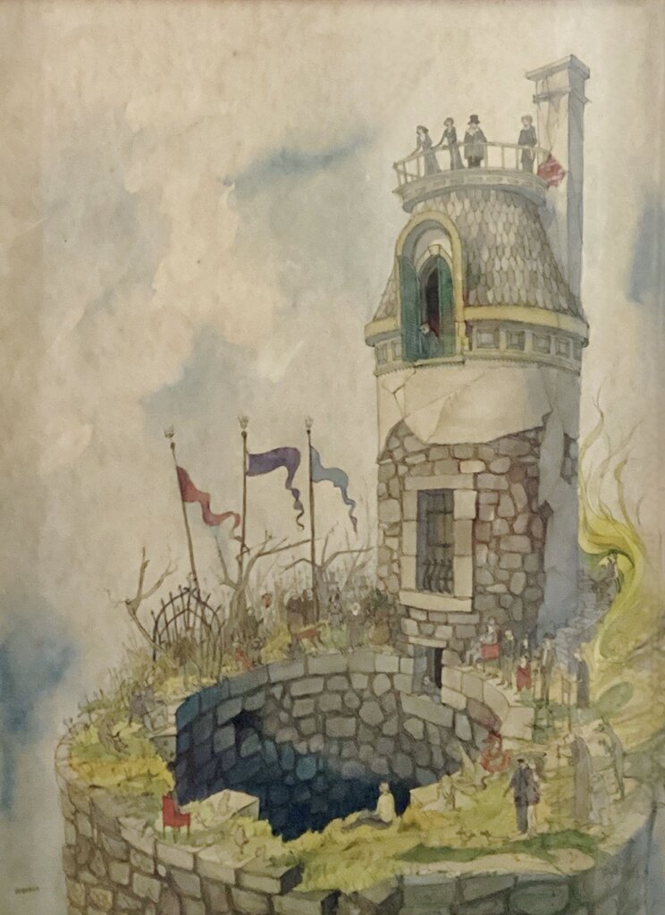 Kenneth Koskela. What's Happening in the Castle?" Watercolor on Paper.
