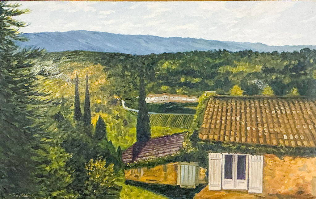 Tom Neel. Looking Out From Menerbes. Oil on Board