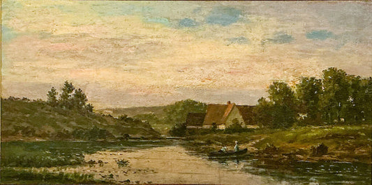 "Summer Landscape at Dusk w/ Boater", American Late 19c.