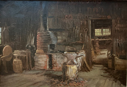 Artist Unknown. Southport CT Blacksmith Shop. Oil on Board.