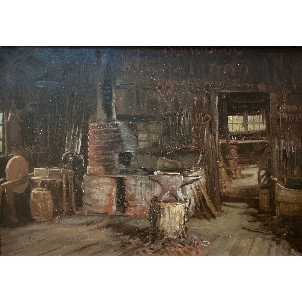 Artist Unknown. Southport CT Blacksmith Shop. Oil on Board.