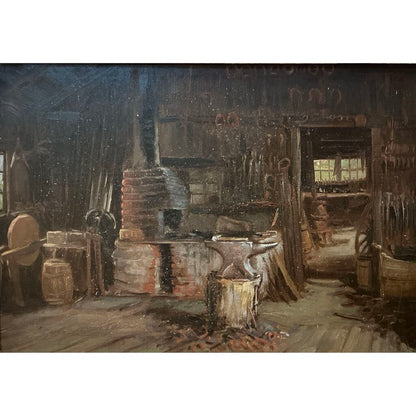 Artist Unknown. Southport CT Blacksmith Shop. Oil on Board.