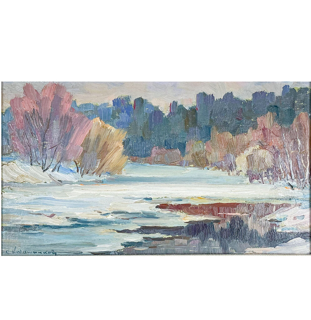 Artist Unknown. Trees Along a Frozen Stream. Oil on Board.