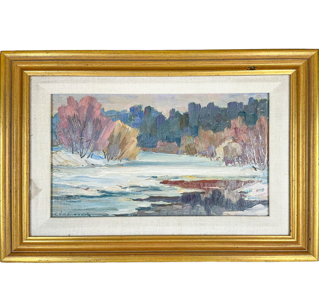 Artist Unknown. Trees Along a Frozen Stream. Oil on Board.