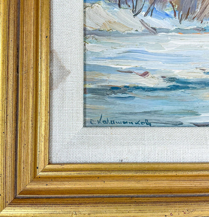Artist Unknown. Trees Along a Frozen Stream. Oil on Board.