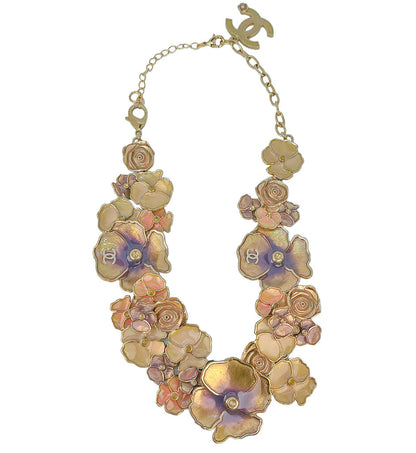 Chanel Camellia Flower Enamel Gold Tone Necklace