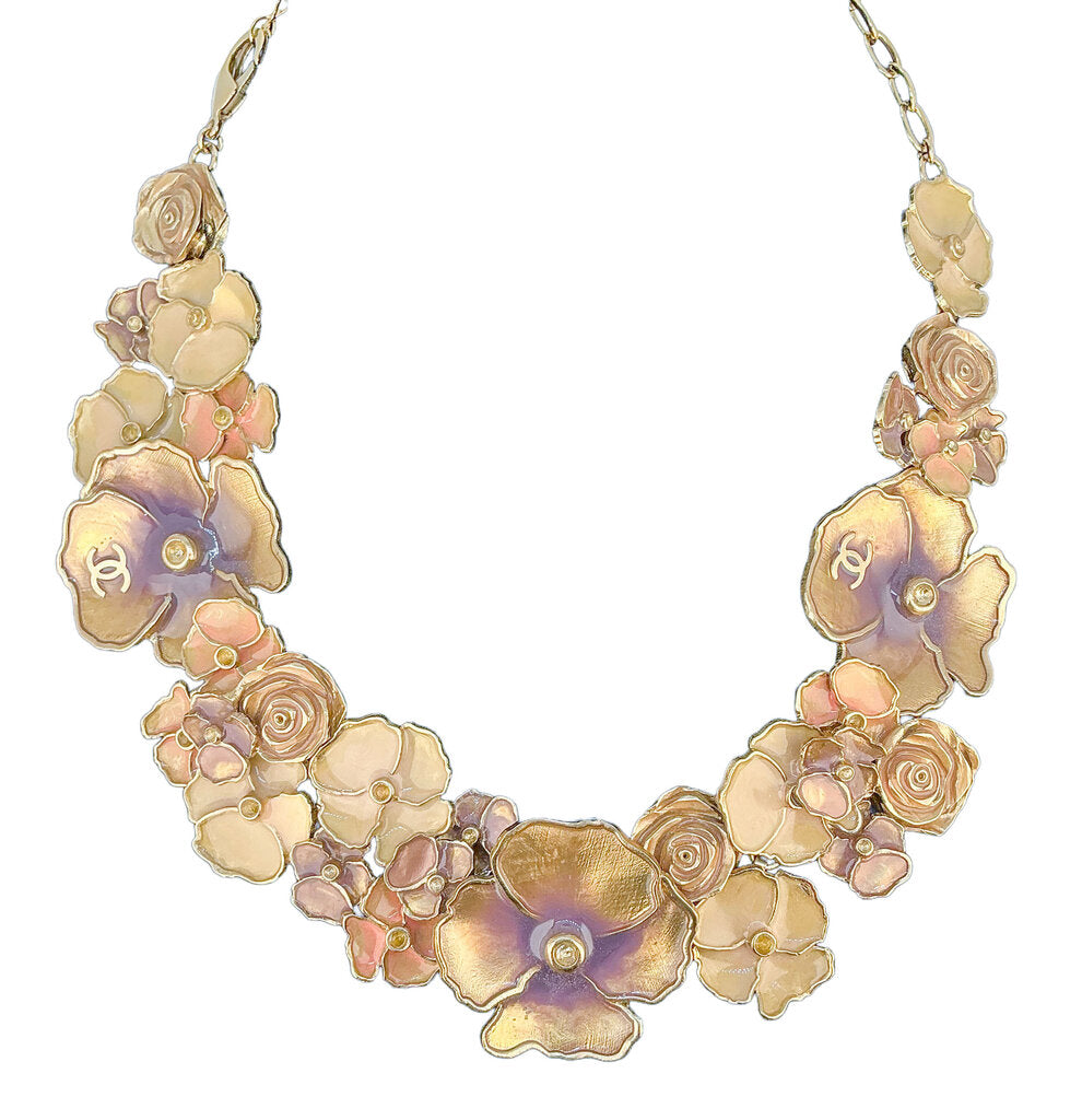 Chanel Camellia Flower Enamel Gold Tone Necklace