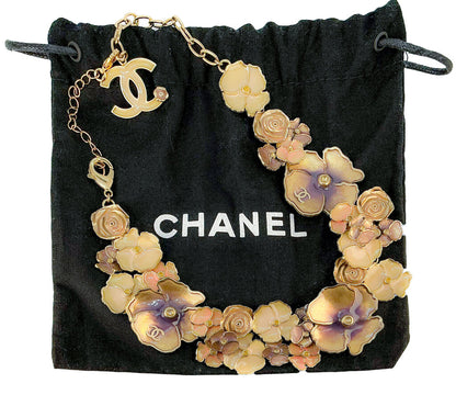 Chanel Camellia Flower Enamel Gold Tone Necklace