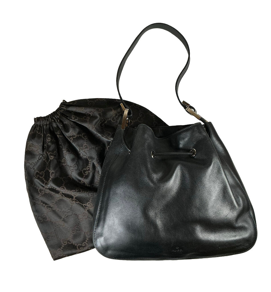 Gucci Black Leather Drawstring Shoulder Bag, 1990s