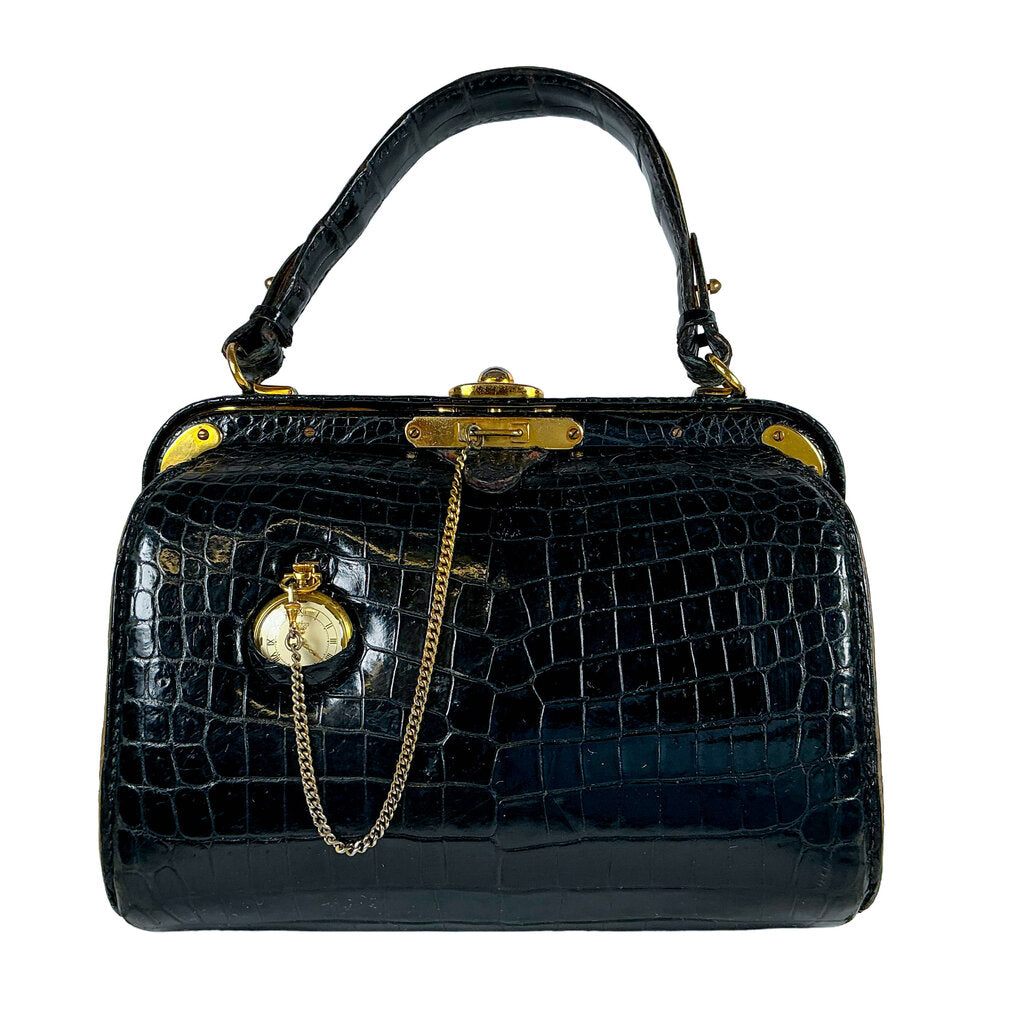 Vintage French Alligator Handbag w Pocket Watch by Lederer