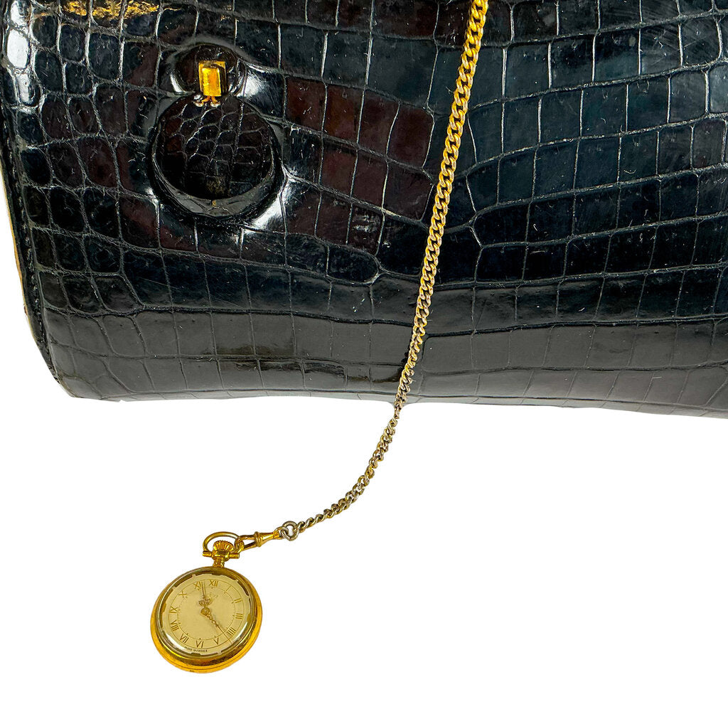 Vintage French Alligator Handbag w Pocket Watch by Lederer
