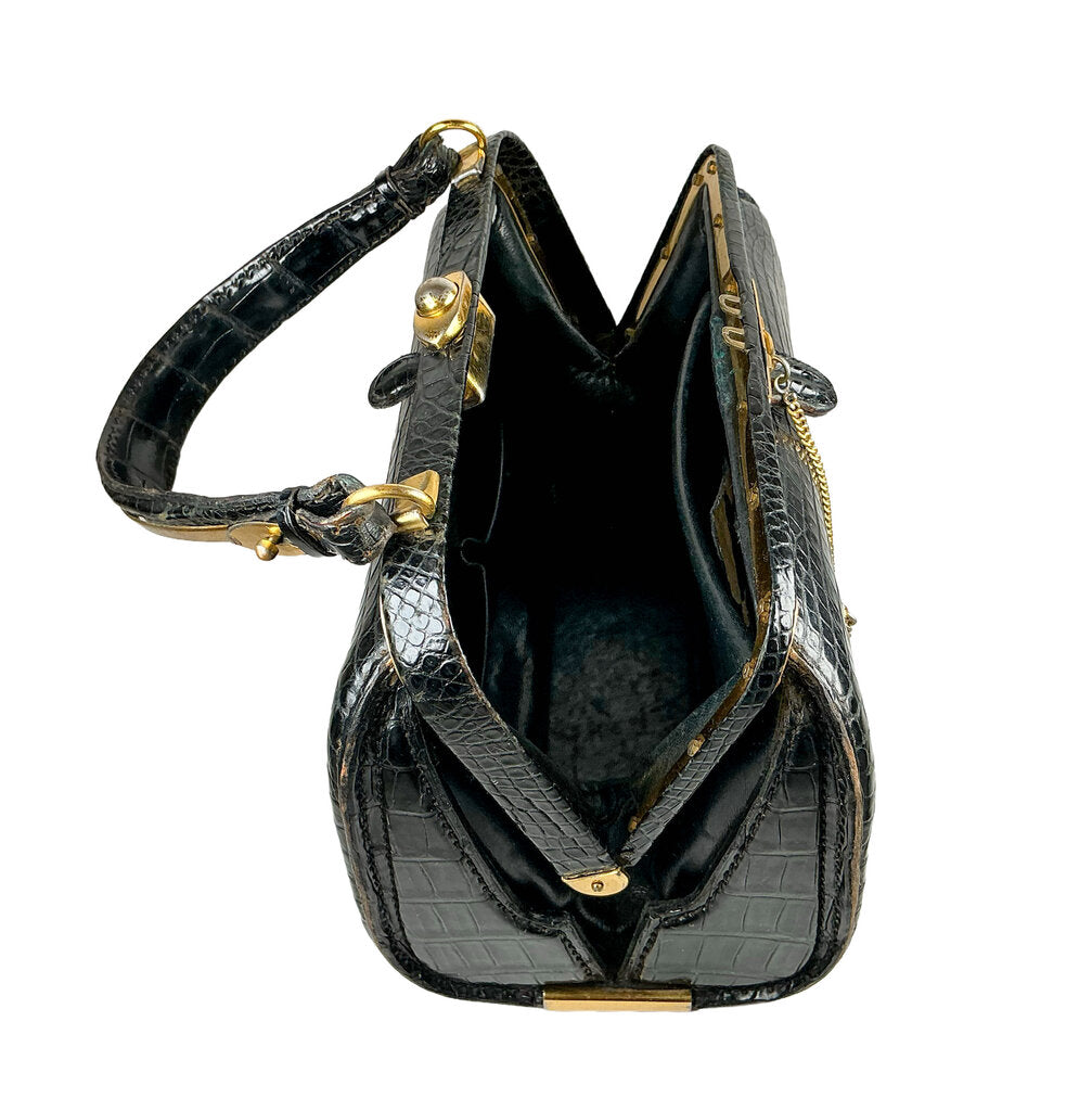 Vintage French Alligator Handbag w Pocket Watch by Lederer