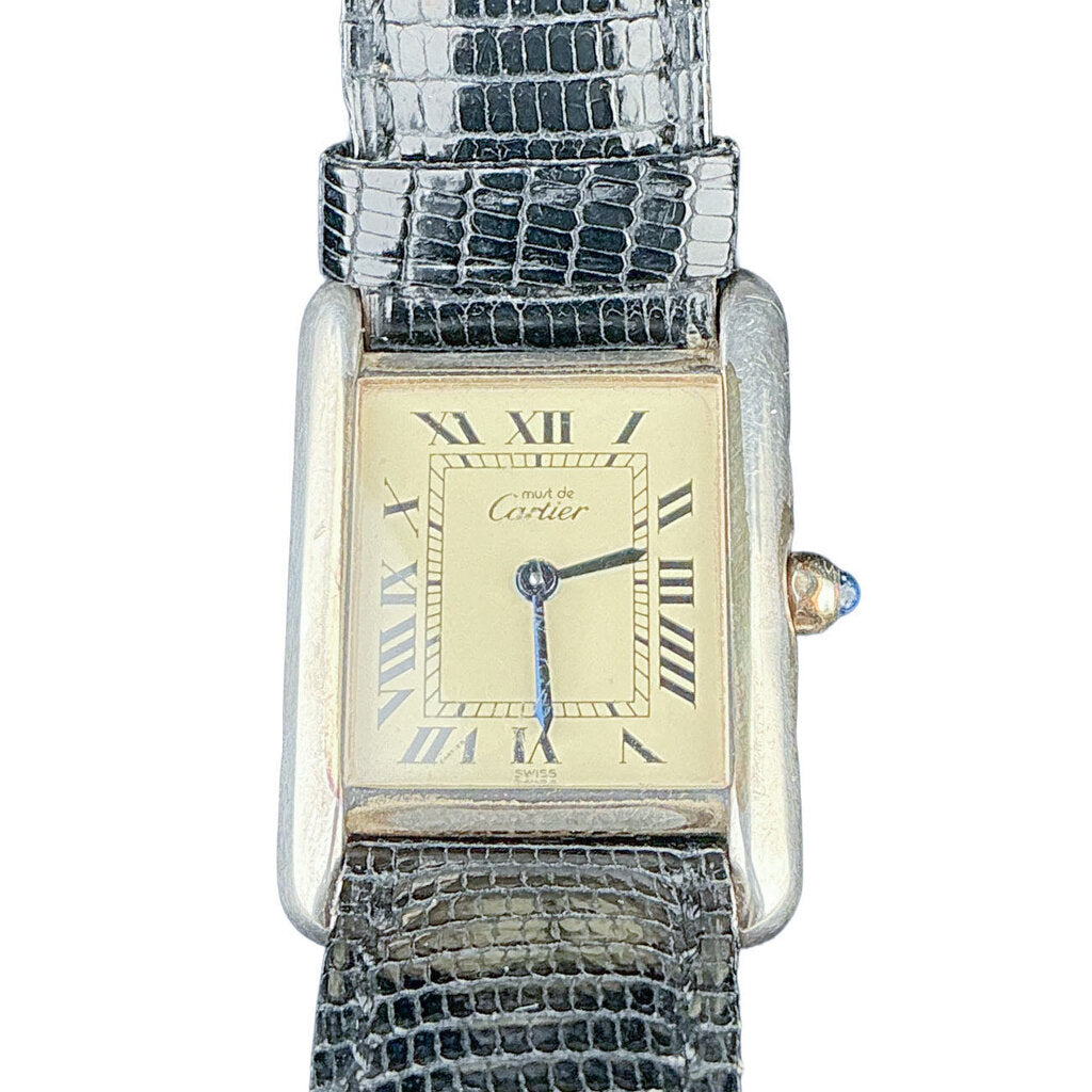 Must de Cartier Quartz Tank Watch. Vintage. 925 & GP. Black lizard Strap.