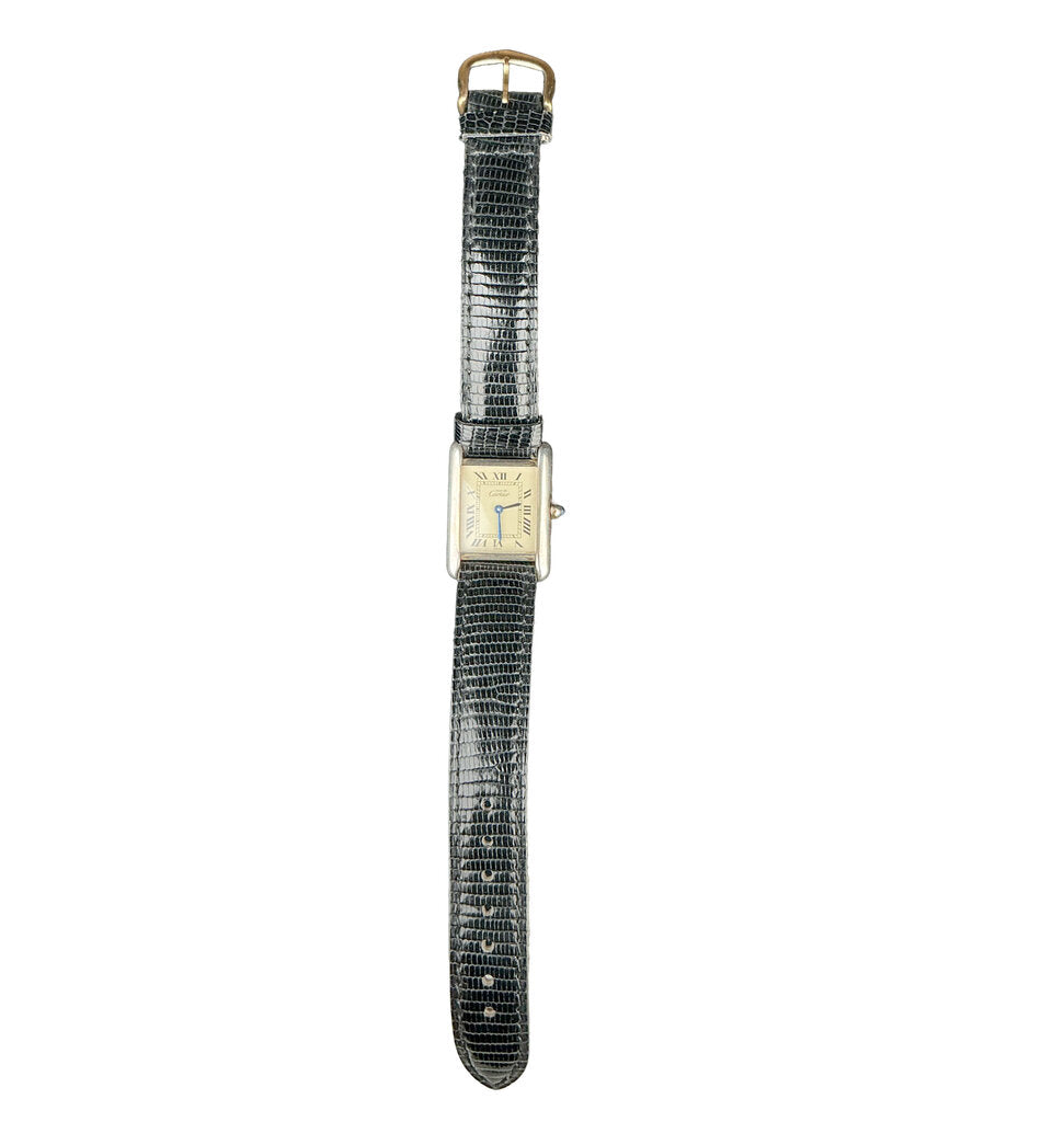 Must de Cartier Quartz Tank Watch. Vintage. 925 & GP. Black lizard Strap.