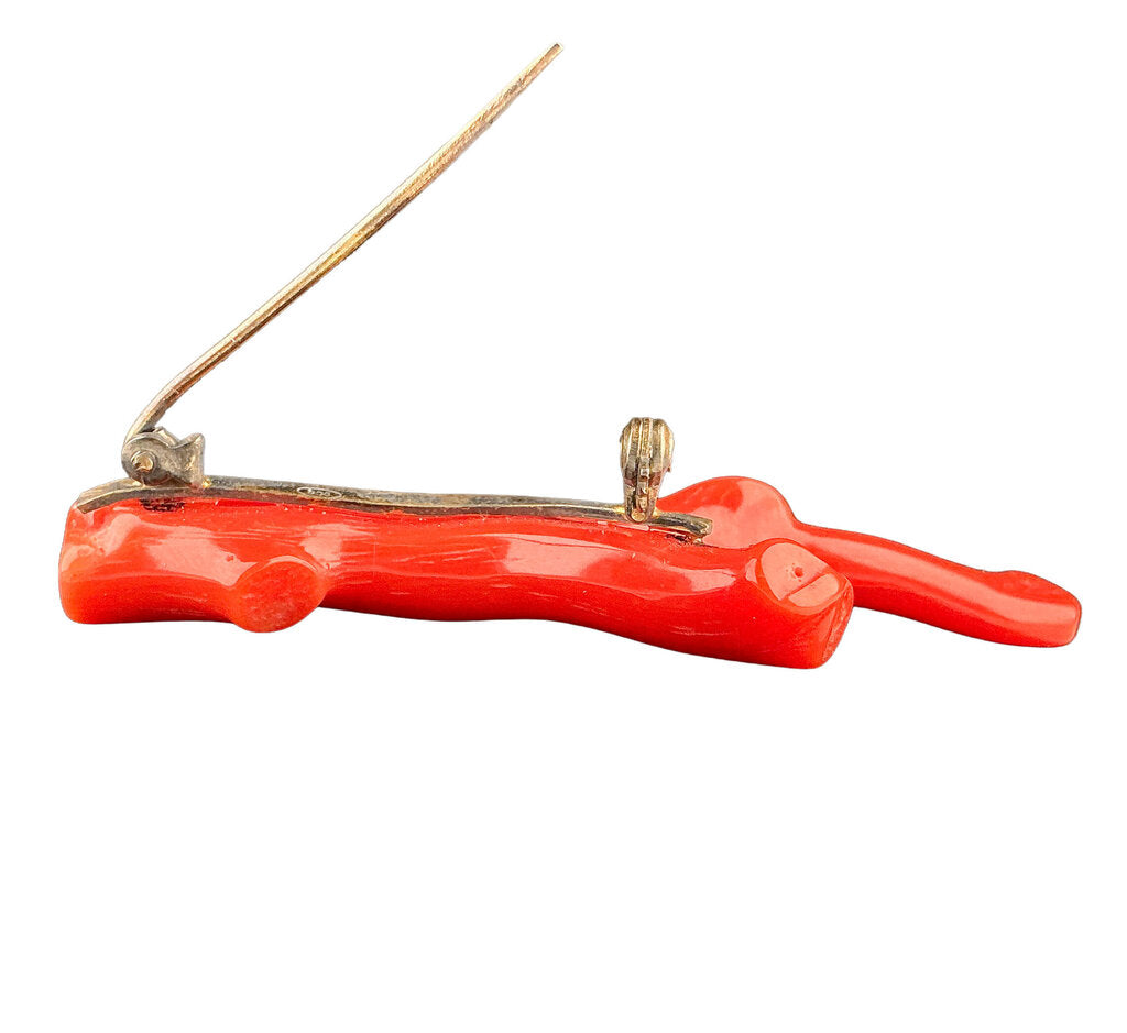 Red Coral Branch Brooch. Mediterranean. 800 silver pin. c. 1880-1920..