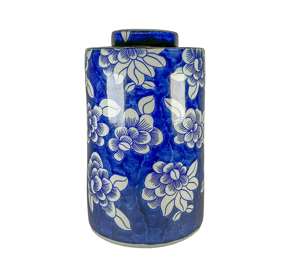 Dark Blue & White Floral Cylindrical Lidded Jars