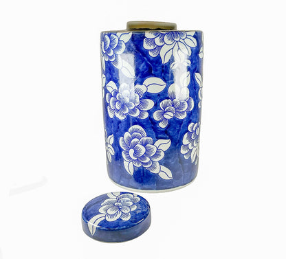 Dark Blue & White Floral Cylindrical Lidded Jars