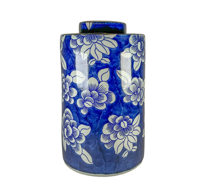Dark Blue & White Floral Cylindrical Lidded Jars