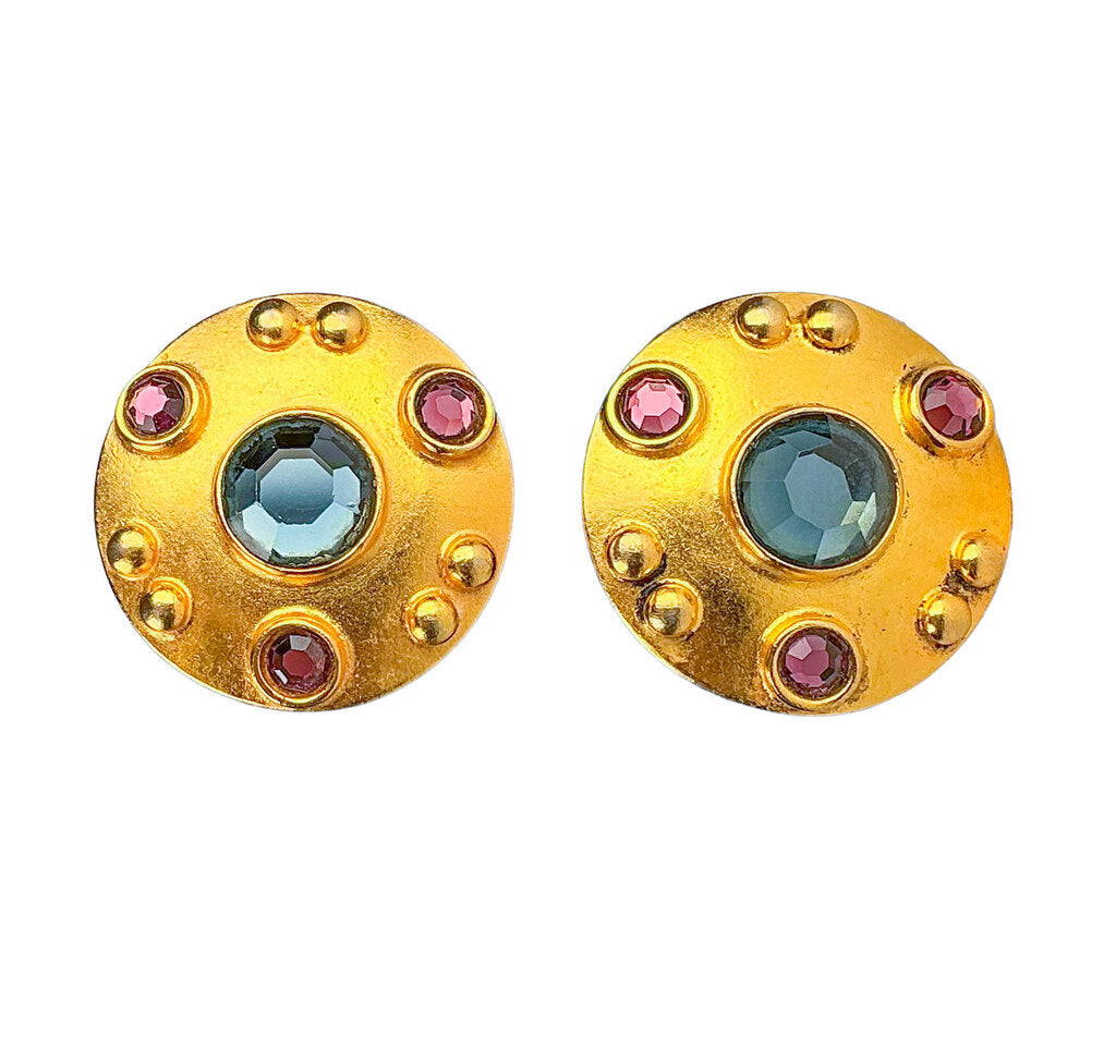 Clip Gold-Toned Earrings w/ Semi-Precious Stones