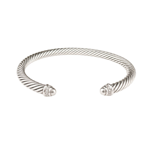 David Yurman Classic Cable Sterling Cuff w Pave Diamond Banded Domes