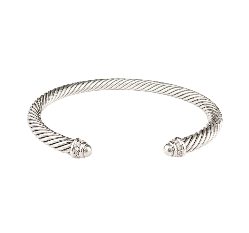 David Yurman Classic Cable Sterling Cuff w Pave Diamond Banded Domes