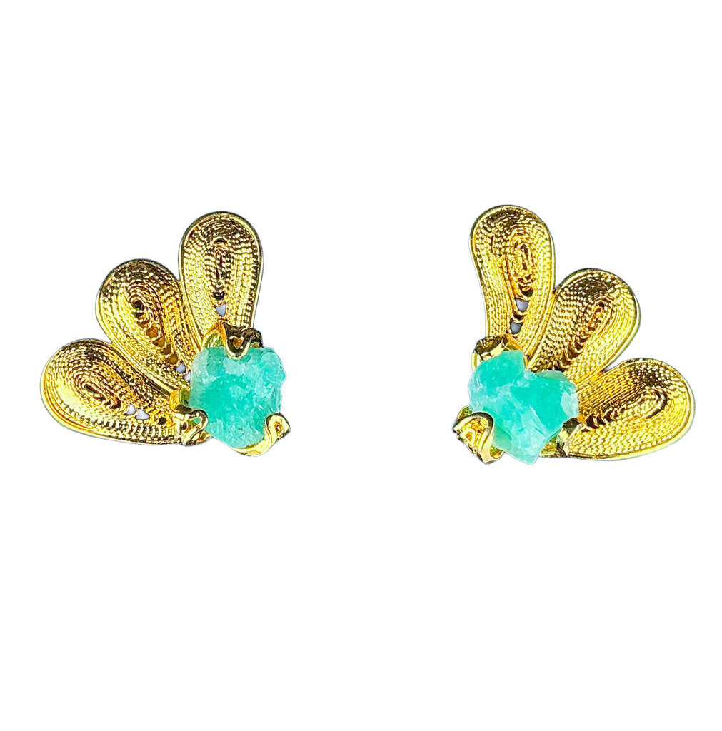 Gold Plated Filagree w Natural Emerald Post Earrings