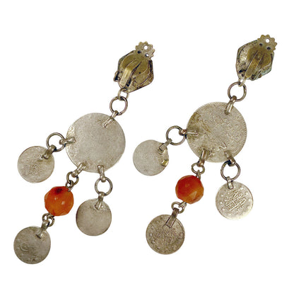 Silver-Tone Coins w/Orange Stones Clip Earrings