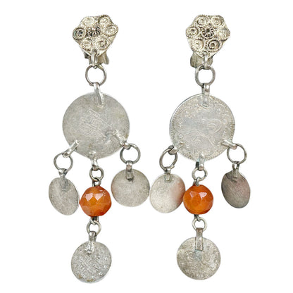 Silver-Tone Coins w/Orange Stones Clip Earrings