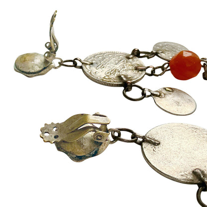 Silver-Tone Coins w/Orange Stones Clip Earrings
