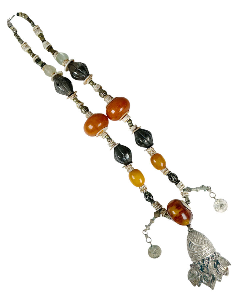 Morocco Necklace w/ Shell, Metal, Wood Beads & Bell