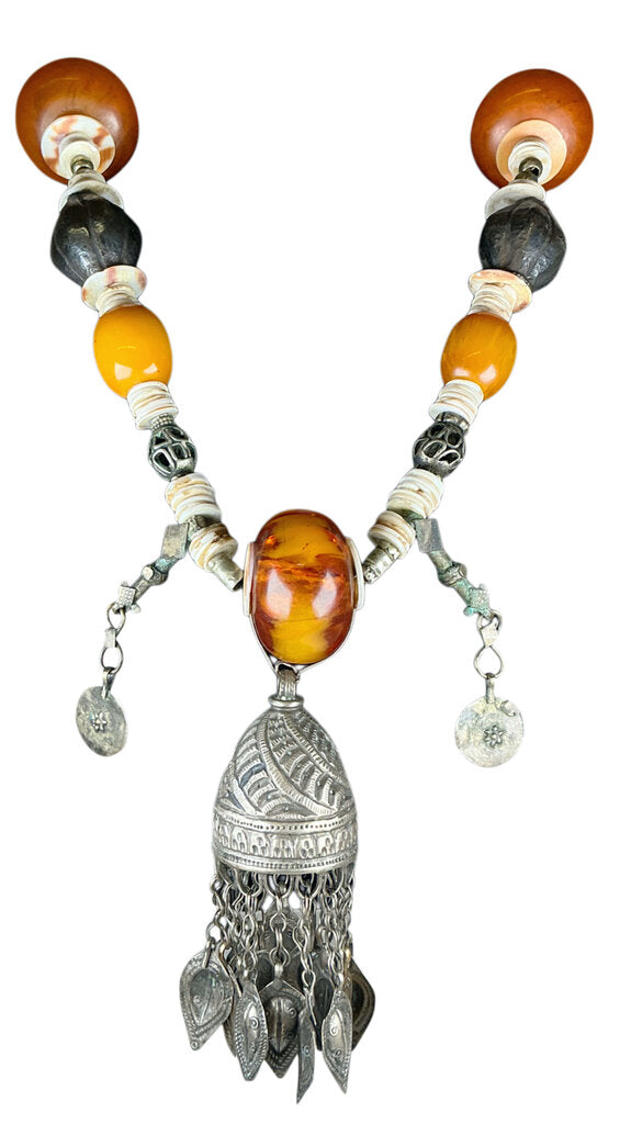 Morocco Necklace w/ Shell, Metal, Wood Beads & Bell