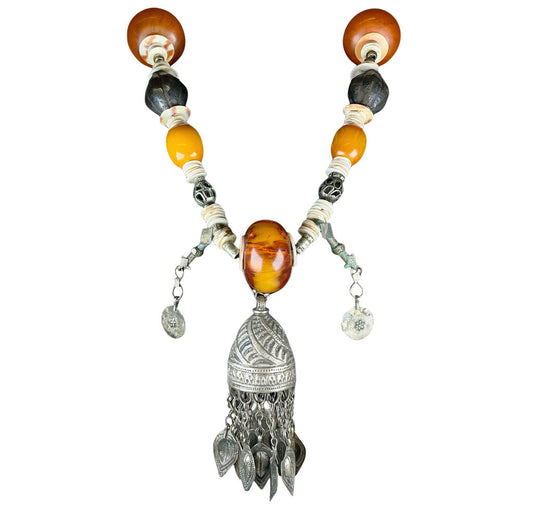 Morocco Necklace w/ Shell, Metal, Wood Beads & Bell