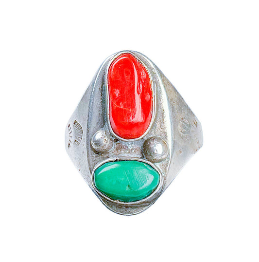 Silver, Turquoise, & Coral Am. Indian Ring