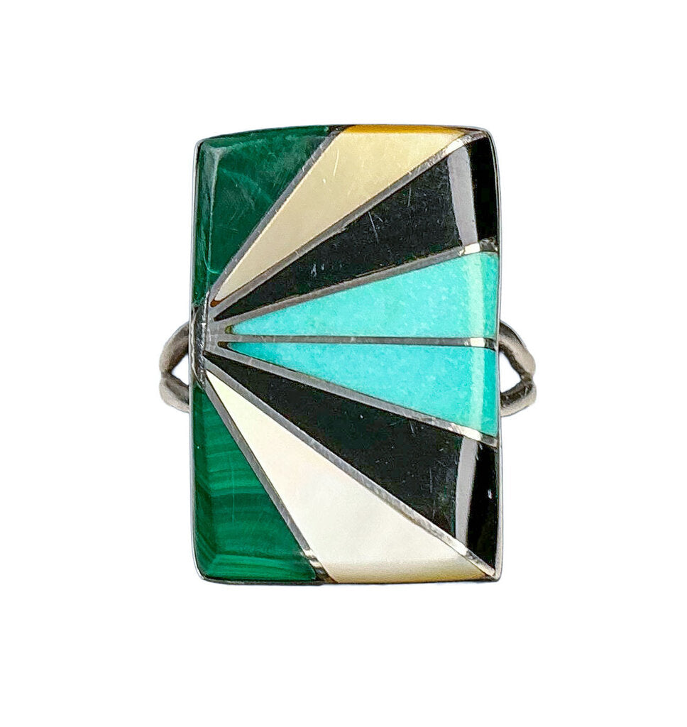Turquoise, Silver, Jade, Pearl & Jet Ring