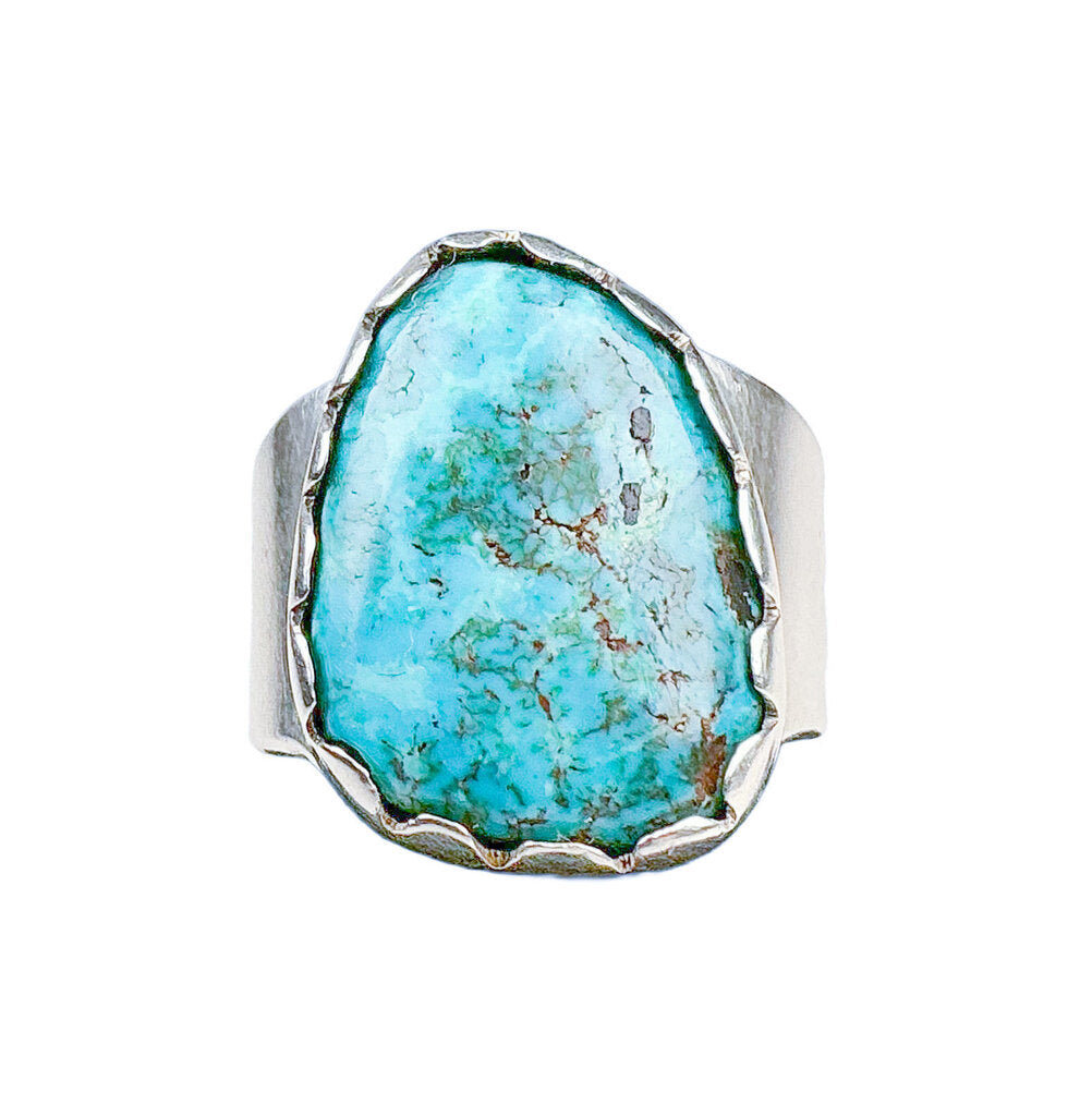 Silver-Tone Ring with American Indian Design & Turquoise-Colored Stone