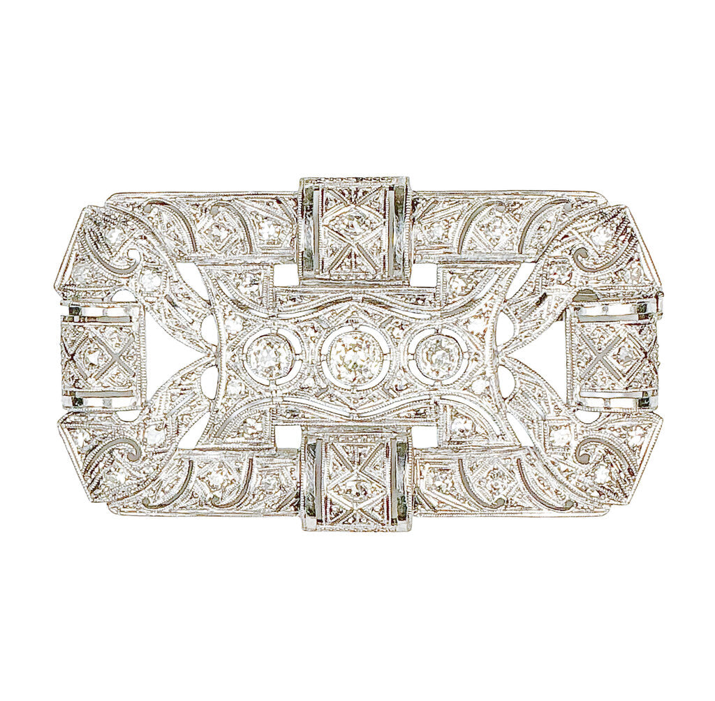 Vintage Platinum Art Deco Brooch set w Diamonds