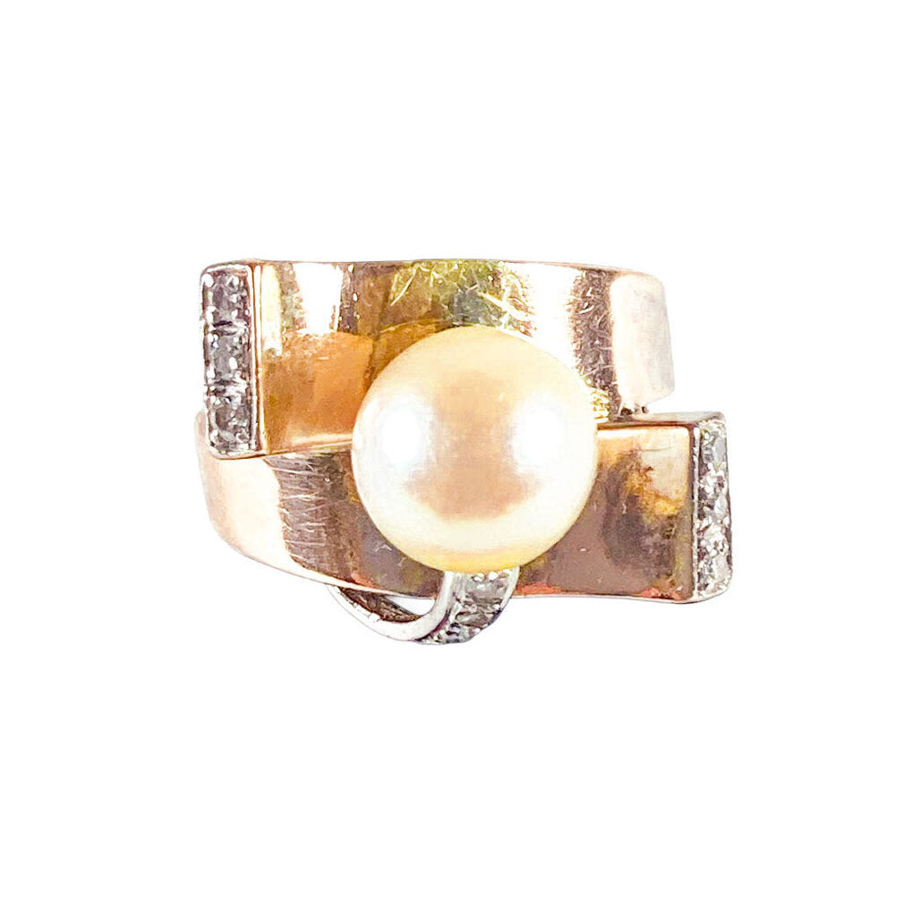 14K YG Retro Diamond & Pearl Ring