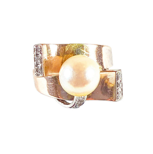 14K YG Retro Diamond & Pearl Ring