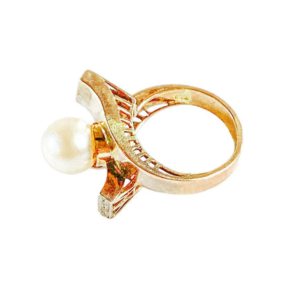14K YG Retro Diamond & Pearl Ring