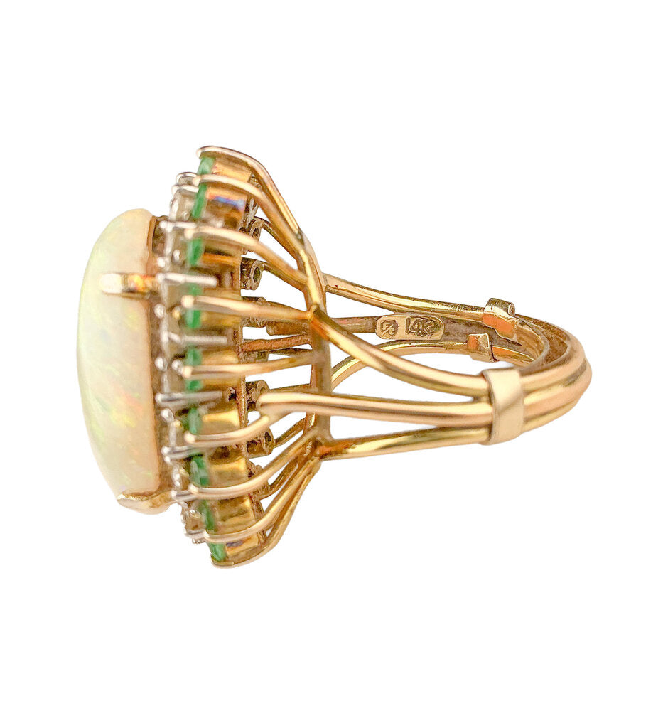 14K YG Opal, Diamond & Emerald Cluster Ring