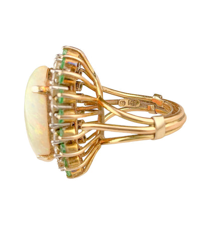 14K YG Opal, Diamond & Emerald Cluster Ring